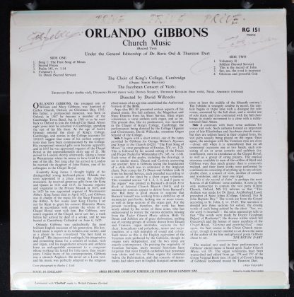 Argo RG 151 - Orlando Gibbons/ The King's College Choir Of Cambr - Image 2